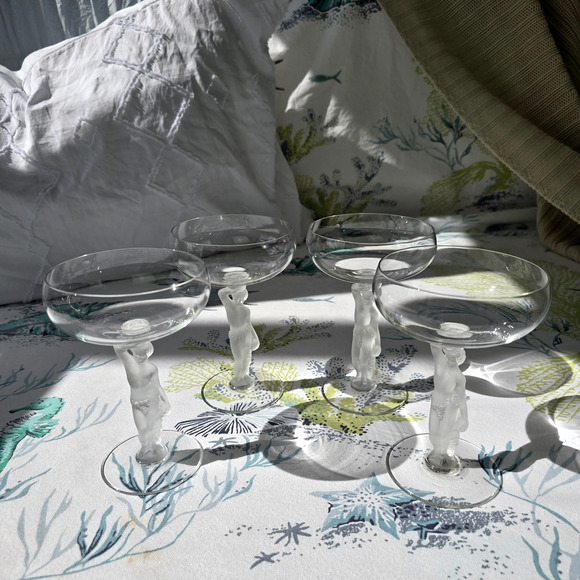 4 pc Bayel Crystal Frosted Bacchus Male Figure Champagne Glasses | See video - Picture 5 of 16